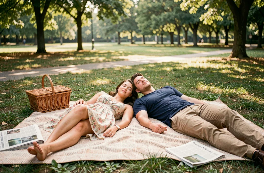Couple faisant une sieste ensemble sur une couverture de pique-nique dans un parc verdoyant