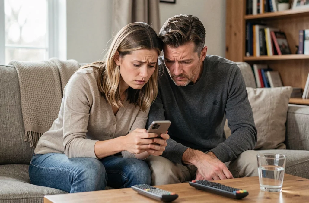 Couple sur un canapé lisant un SMS frauduleux avec lien de paiement, arnaque courante sur les plateformes de petites annonces comme Le Bon Coin