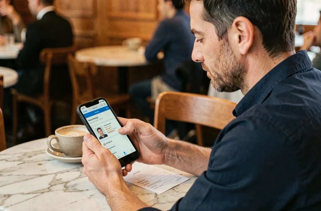 Homme utilisant son smartphone pour ouvrir un compte bancaire en ligne dans un café urbain