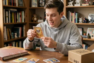 Jeune homme tenant une carte Pokémon et découvrant sa première collection de cartes à collectionner