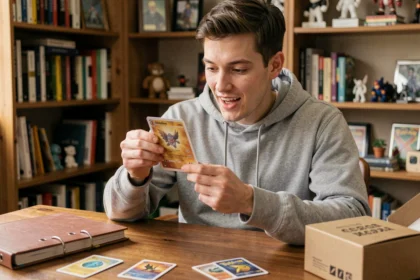 Jeune homme tenant une carte Pokémon et découvrant sa première collection de cartes à collectionner