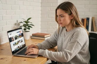 Jeune femme découvrant le site Nokraf sur son ordinateur portable dans un bureau à domicile