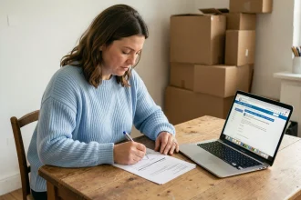 Femme remplissant un formulaire administratif pour déclarer un changement d'adresse temporaire à France Travail