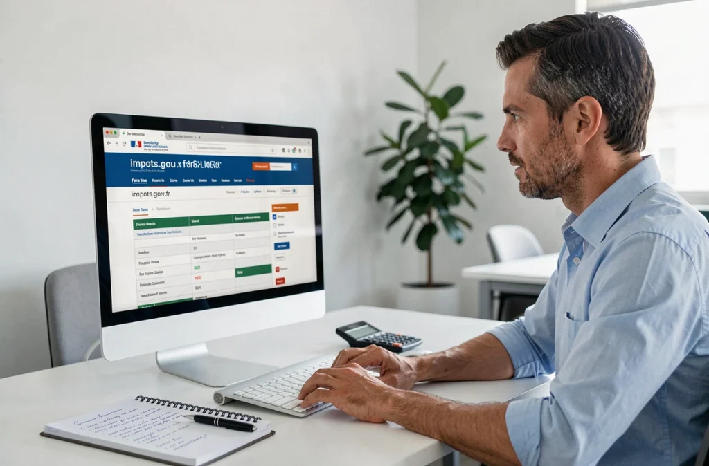 Homme consultant le site impots.gouv.fr pour sa déclaration fiscale 2024 depuis son bureau professionnel