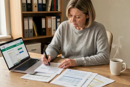 Femme en train de remplir sa déclaration d'impôts 2024 à son bureau à domicile avec des documents fiscaux officiels
