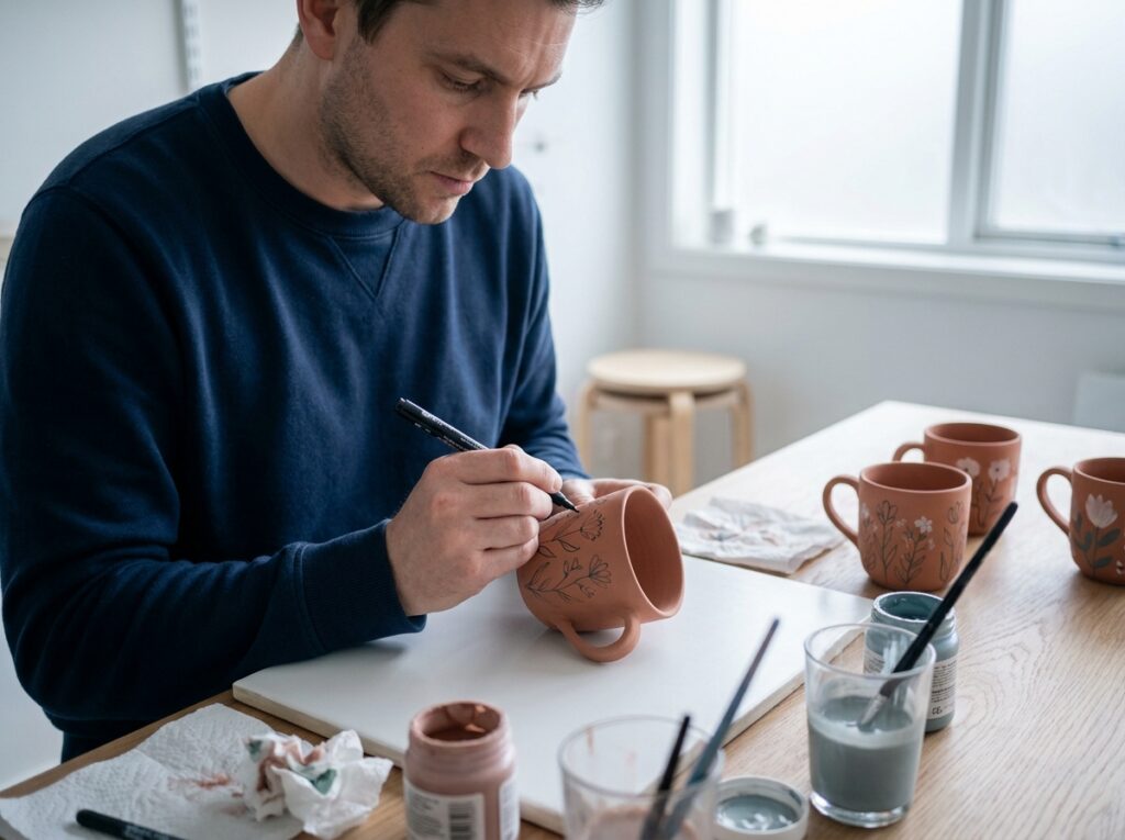 Homme décorant une tasse en céramique avec un stylo peinture dans un atelier minimaliste