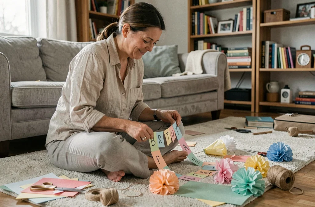 Femme fabriquant des décorations d'anniversaire maison avec du papier coloré dans son salon