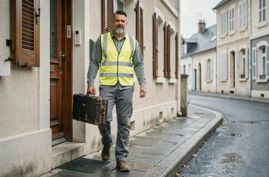 Plombier en intervention d'urgence pour Depanneviteloiret à Orléans, arrivant chez un client avec sa boîte à outils