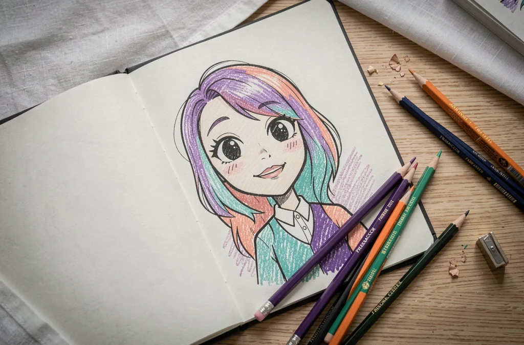 Dessin de personnage cartoon colorié au crayon de couleur avec des Faber-Castell et Prismacolor sur un carnet de croquis