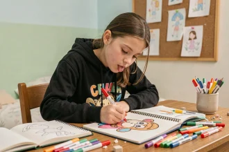 Adolescente coloriant un dessin style Mortelle Adèle avec des feutres colorés sur un bureau en bois