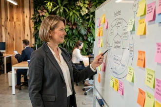 Directrice d'entreprise analysant une stratégie d'économie circulaire sur un tableau blanc dans un bureau moderne éco-responsable