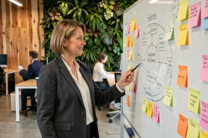 Directrice d'entreprise analysant une stratégie d'économie circulaire sur un tableau blanc dans un bureau moderne éco-responsable