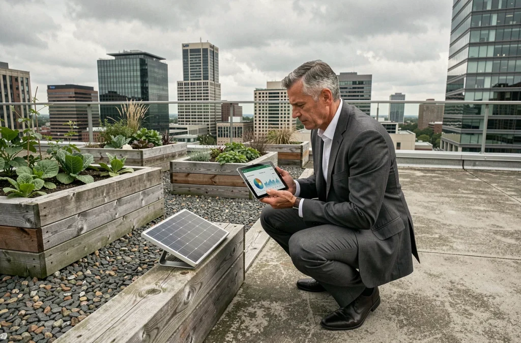 Dirigeant d'entreprise inspectant une installation de panneaux solaires et un jardin urbain sur le toit d'un immeuble de bureaux