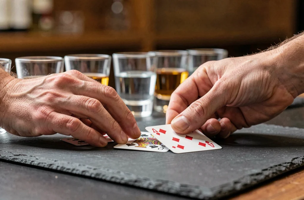 Gros plan de mains distribuant des cartes à jouer sur une table ardoise avec rangée de verres à shot pour le jeu Palmiers