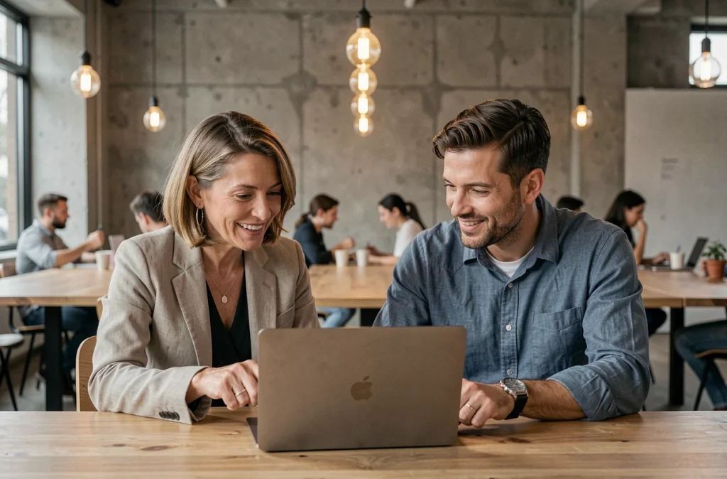 Deux adultes explorant ensemble le site Nokraf sur un ordinateur portable dans un espace de coworking