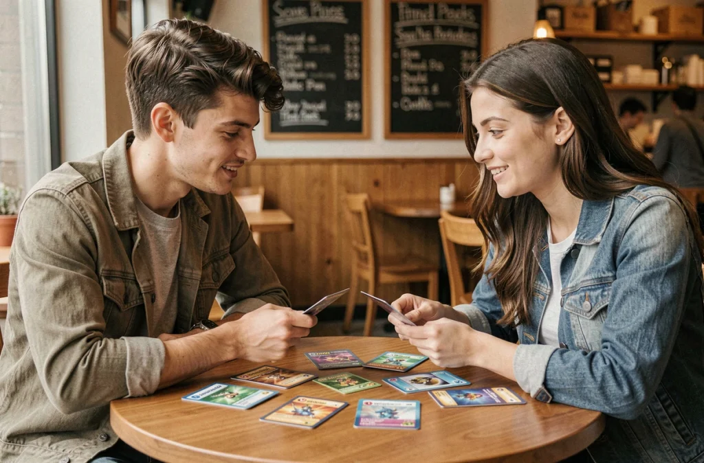 Deux amis échangeant des cartes Pokémon dans un café, guide d'achat et de collection pour débutants