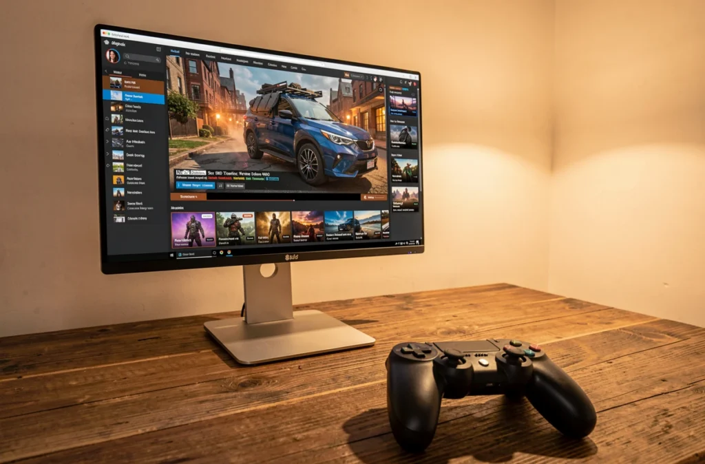 Écran d'ordinateur et manette posés sur un bureau