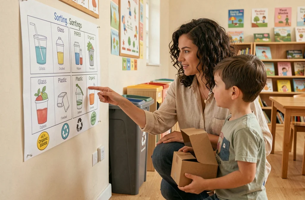 Enseignante expliquant le tri des déchets à un jeune enfant devant un tableau illustratif en classe
