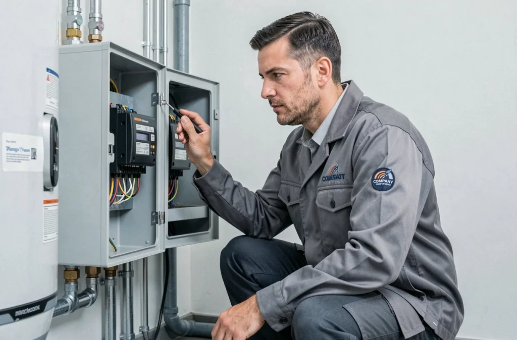 Technicien d'Electro Tulle Dépannage vérifie un cumulus électrique et un tableau électrique dans une salle technique
