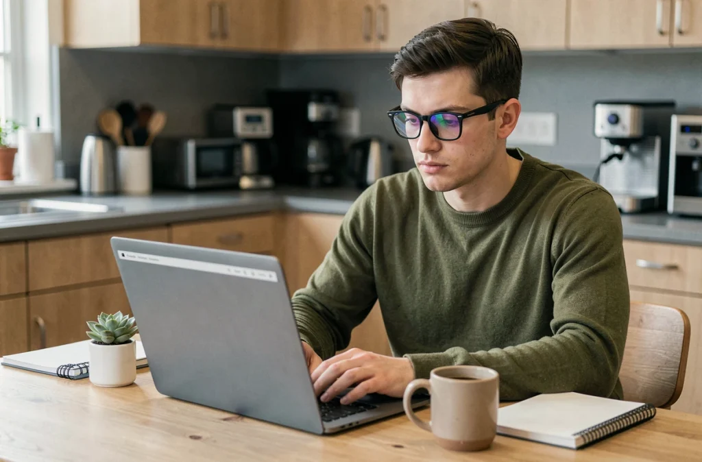 Jeune salarié de PME suivant une formation en ligne sur ordinateur portable dans une salle de pause, symbolisant l'apprentissage autonome et la montée en compétences