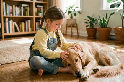 Jeune fille assise sur un parquet en bois caressant un golden retriever calme dans un salon familial chaleureux