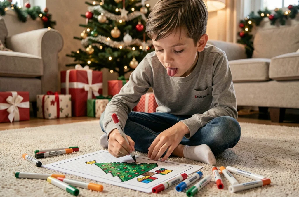 Enfant coloriant un pixel art de Noël sur quadrillage imprimé dans un salon décoré pour les fêtes
