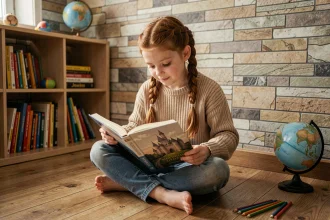 Jeune fille lisant un roman illustré sur le Moyen Âge assis sur un parquet en bois dans une chambre chaleureuse