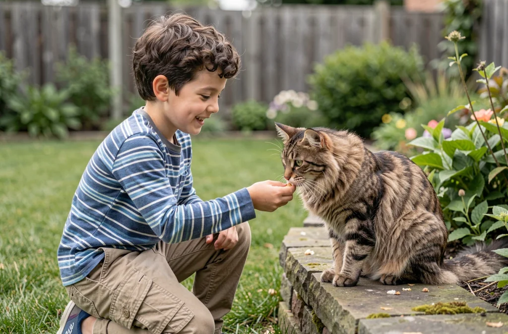Garçon agenouillé dans un jardin offrant une friandise à un chat tigré assis sur un muret en pierre