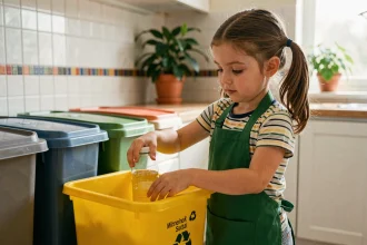 Jeune fille apprenant à trier ses déchets plastiques dans des poubelles colorées dans une cuisine familiale