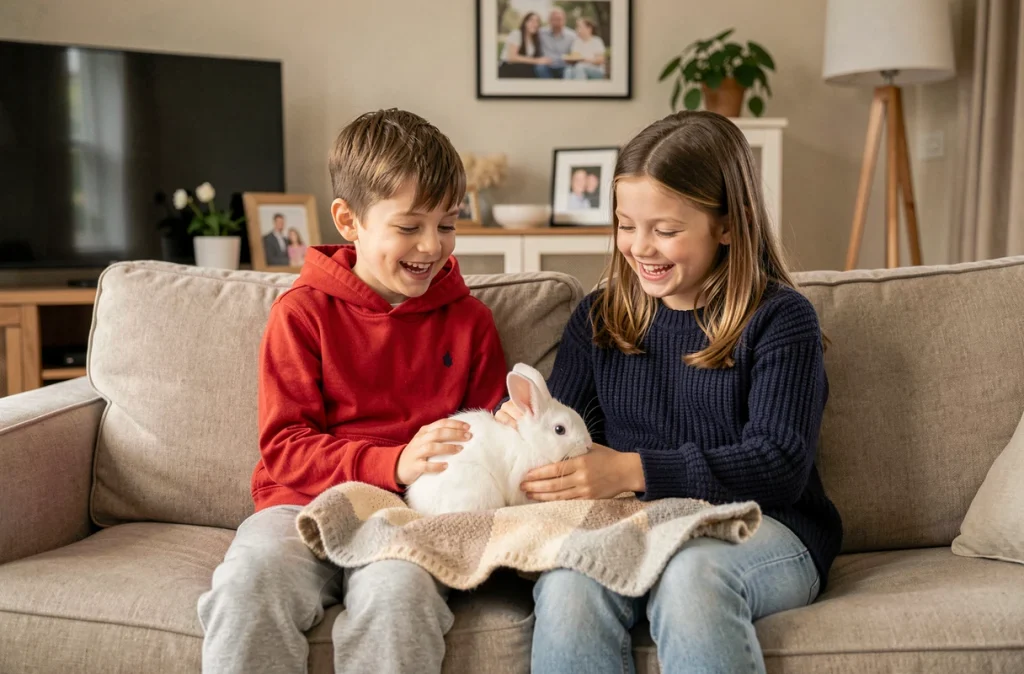 Deux enfants assis sur un canapé riant ensemble pendant qu'un lapin blanc explore une couverture sur leurs genoux