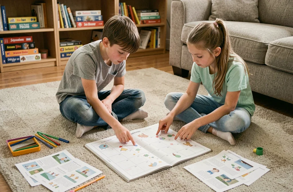 Enfants planifiant ensemble leurs activités de vacances scolaires sur un calendrier posé au sol