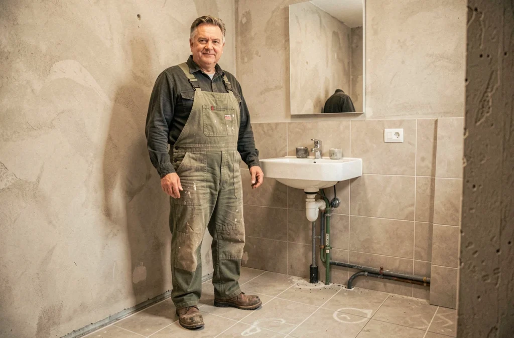 Plombier de l'Entreprise Fortunato Victor devant une installation de lavabo neuve dans un appartement en rénovation