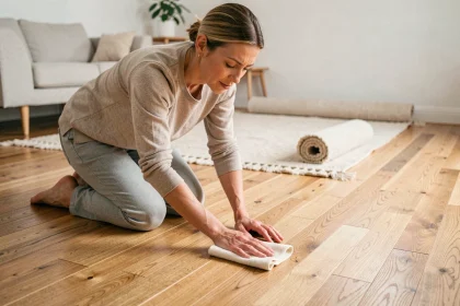 Femme entretenant son parquet en chêne avec un chiffon et de l'huile de lustrage dans un salon scandinave