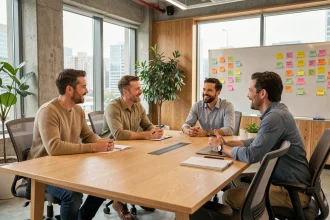 Équipe de collègues souriants réunis autour d'une table en bois dans un bureau moderne et lumineux, illustrant le bien-être et la collaboration au travail