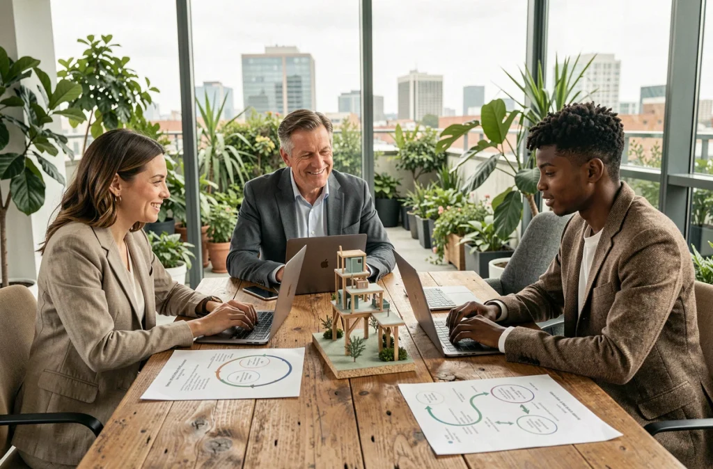 Équipe de professionnels collaborant autour d'une feuille de route d'économie circulaire dans une salle de réunion éco-conçue avec jardin urbain en arrière-plan