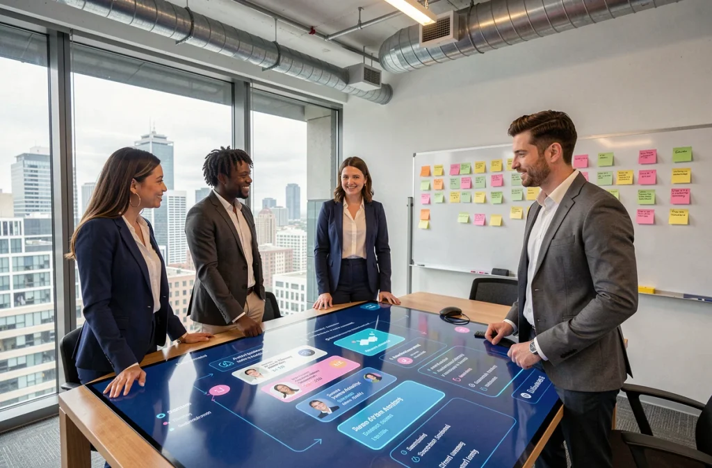 Équipe RH collaborant autour d'une interface tactile d'intelligence artificielle pour le recrutement en salle de réunion