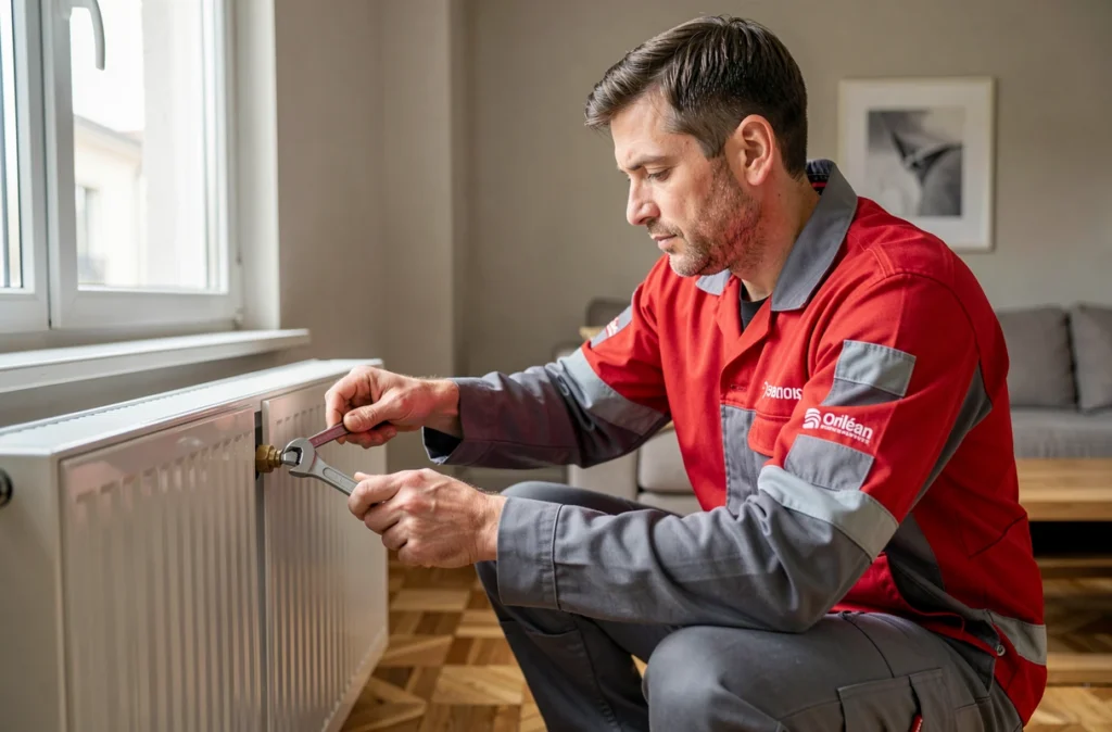 Erik Gallier installant un radiateur neuf dans un appartement orléanais, plomberie et chauffage