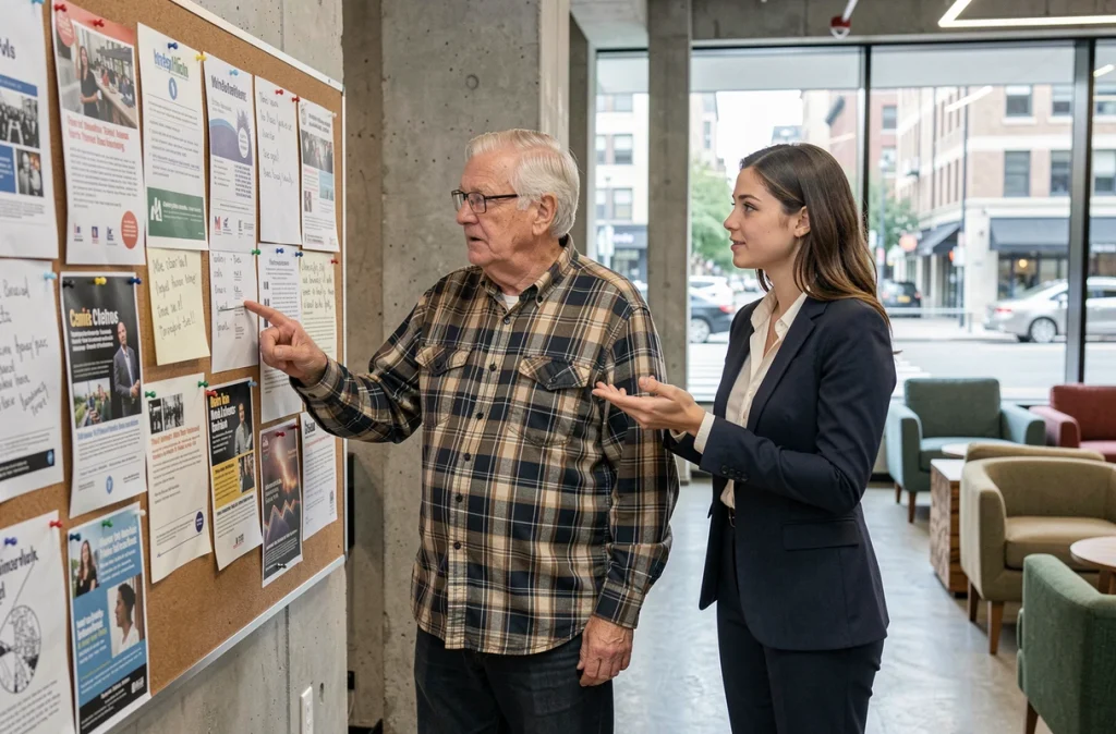 Un homme âgé et une jeune femme consultent ensemble le tableau d'affichage de l'espace commun d'une résidence intergénérationnelle en ville