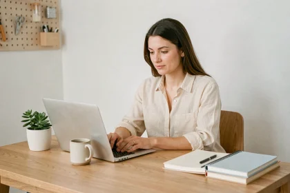 Femme travaillant à un bureau minimaliste en bois dans un espace de travail à domicile bien organisé