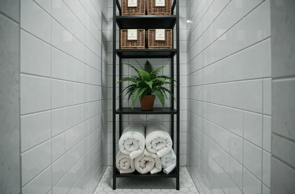 Étagère verticale slim dans un coin de petite salle de bains pour maximiser l'espace de rangement