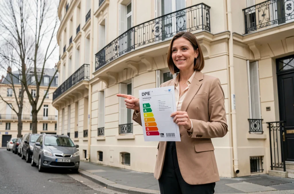 Propriétaire ou agent immobilier présentant l'étiquette DPE d'un immeuble résidentiel dans une rue française