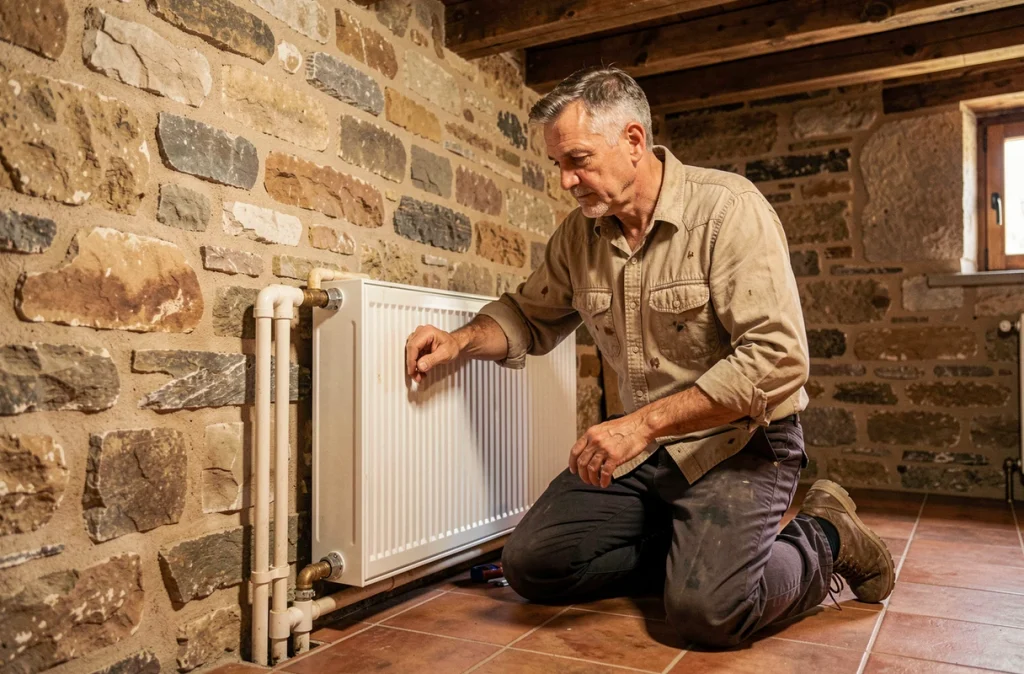 Plombier des Établissements Monteil M. inspecte un radiateur dans une ferme en pierre typique de la Corrèze