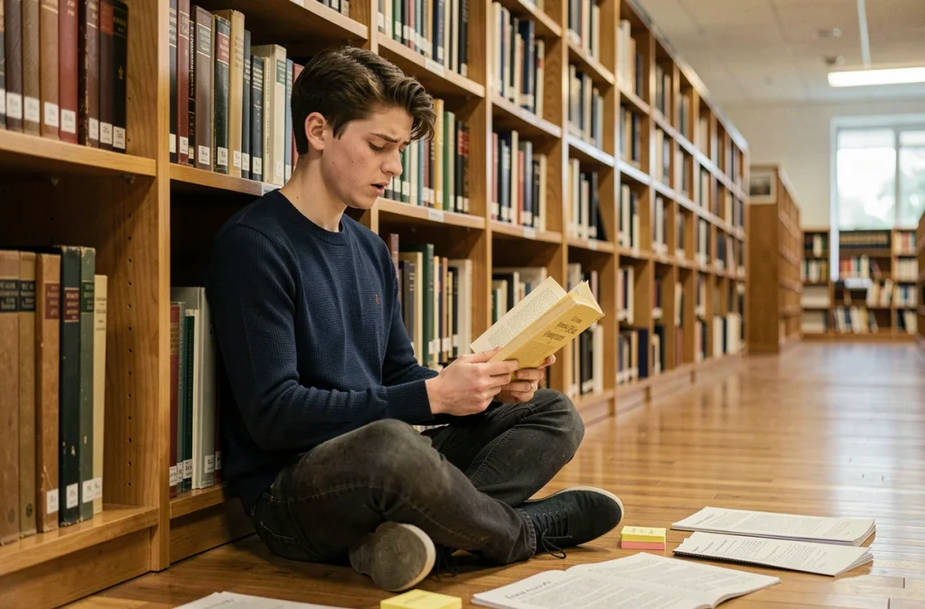 Étudiant révisant un roman classique français par terre dans une bibliothèque universitaire la veille d'un examen de bac