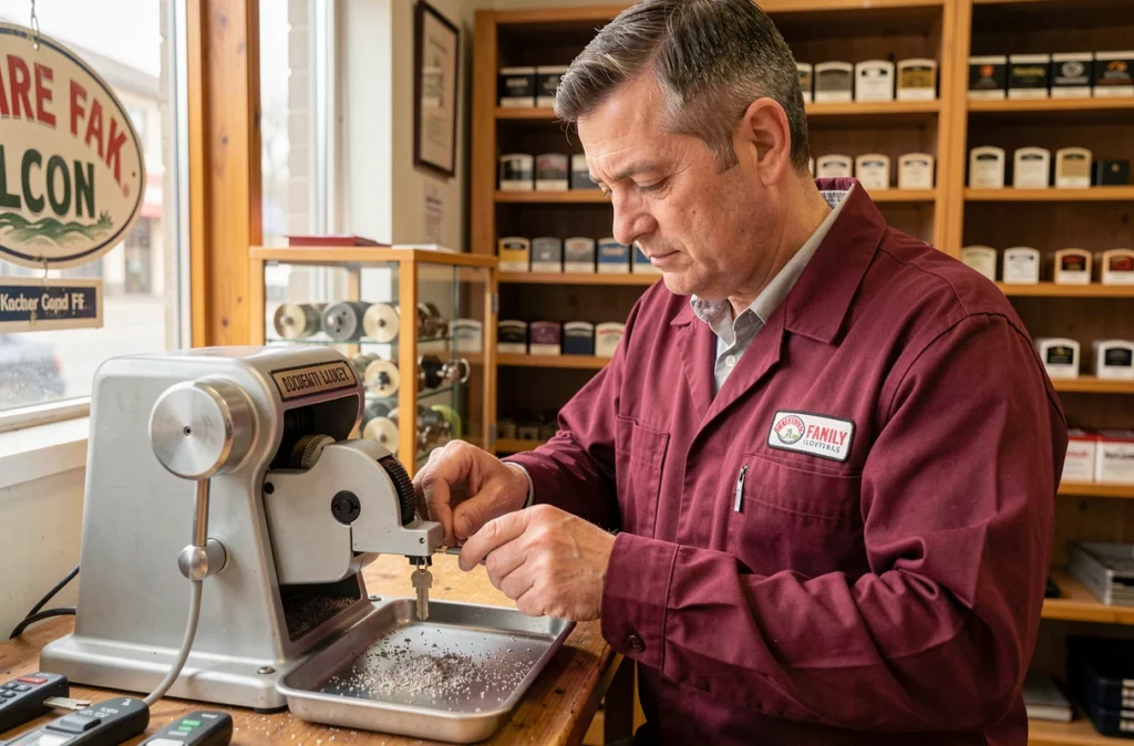 Serrurier artisan coupant une clé sur une machine à reproduire dans son atelier-boutique indépendant