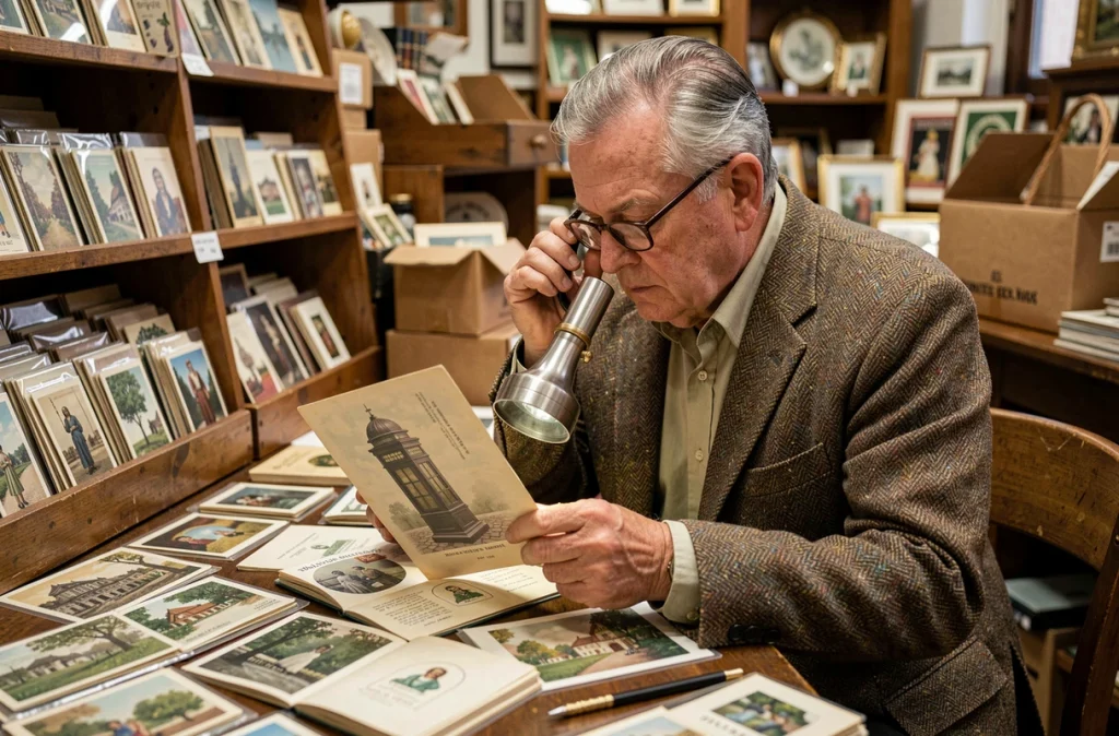 Collectionneur expert examinant une rare carte postale de cabine téléphonique vintage à la loupe dans un marché aux antiquités