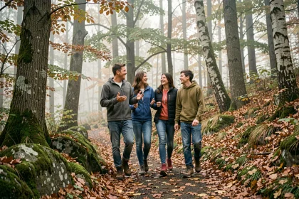 Famille de quatre personnes marchant ensemble sur un sentier forestier en automne, riant et discutant dans une atmosphère chaleureuse et naturelle