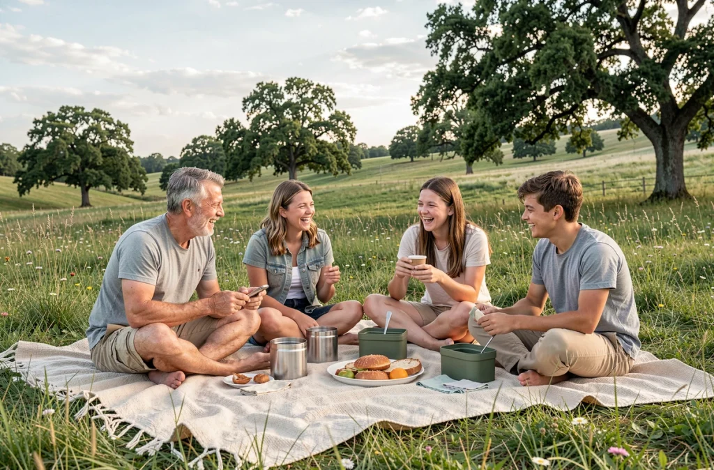 Famille intergénérationnelle partageant un repas zéro déchet sur une prairie lors d'un pique-nique convivial