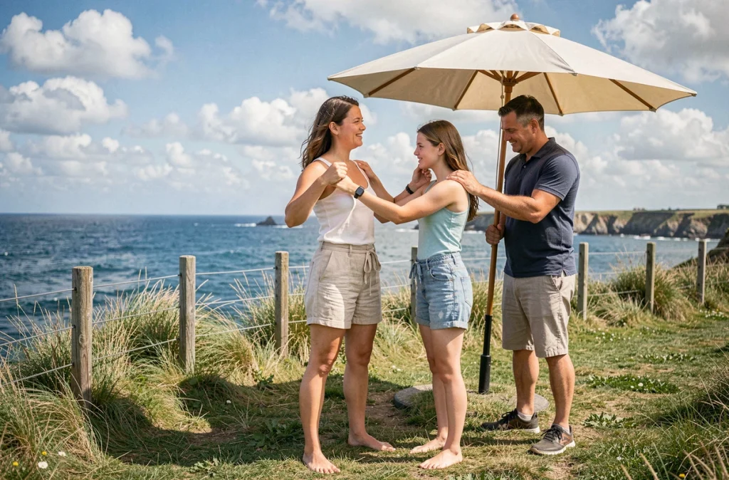 Famille appliquant de la protection solaire sur une falaise côtière herbeuse lors de vacances d'été