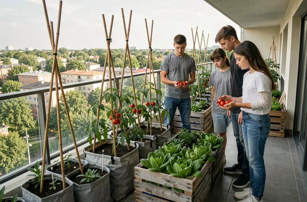 Famille de quatre personnes récoltant des tomates cerises dans un potager aménagé sur grand balcon avec vue urbaine
