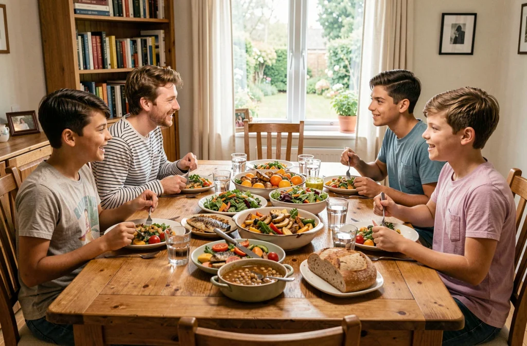 Famille réunie autour d'un repas varié et nutritif à la maison illustrant les bienfaits d'une alimentation diversifiée pour prévenir les carences